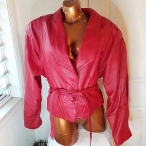 Vtg 80s red leather Bomber Moto Thriller jacket size L